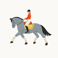 Jockey on racing Horse. Horseback riding, hippodrome racing, equestrian sport concept. Hand drawn colorful Vector illustration. Cartoon style, flat design. Isolated on white. Logo design template