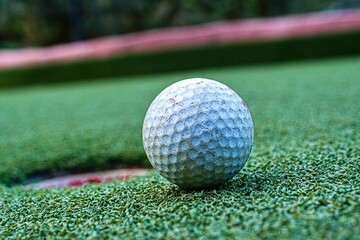 close-up golf ball on the green grass on the background