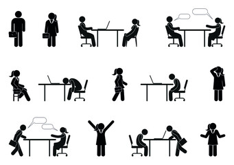 office illustration, office workers icons, stick figure, human silhouette set, isolated vector illustration