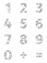 Numbers and signs. Set of Mosaic numbers in flat style for material design creative projects. Decorative arabic numerals, equal sign, plus sign with the pattern of stone masonry. 