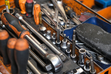 Fototapeta premium Toolset with ring spanners, screwdrivers, wrenches, bit socket set. Mechanic tools.
