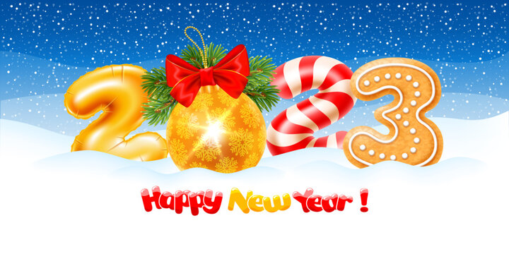 Merry Christmas and Happy New Year 2023. Greeting with digits 2023 made of golden foil balloon, Christmas ball, gingerbread and candy cane in the snow. Snowy landscape on the background. Vector