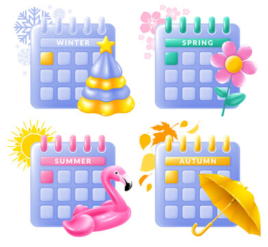 Desk Calendar icon set with schedule for four seasons. Winter Christmas tree, spring flower, summer inflatable flamingo, autumn umbrella. Planning concept. 3d minimalist style. Vector illustration
