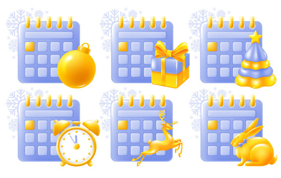 Desk Calendar icon set with schedule for Christmas and New Year holidays. Rabbit as symbol of 2023 New Year and other festive objects. Planning concept. 3d minimalist style. Vector illustration