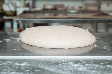 shaped bread raw dough before baking on the table in bakery