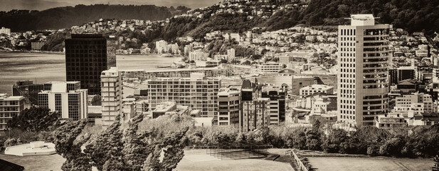 Wellington, New Zealand - September 5, 2018: Aerial view of the city from the top of a hill in spring season