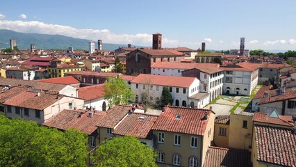 Aerial view of Lucca cityscape in spring season, Tuscany - Italy