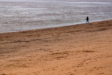 Fototapeta na wymiar One solitary woman taking a walk on the beach in winter.