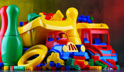 Composition with colorful plastic children toys