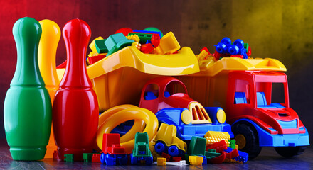 Composition with colorful plastic children toys