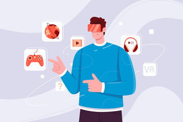Man wearing VR glasses, working with interactive hologram icons. Cartoon guy in futuristic virtual reality headset playing games, watching video flat vector illustration. Metaverse experience concept