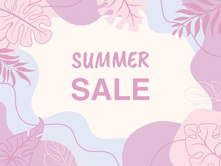 Abstract hand drawn background with different shapes and tropical leaves.