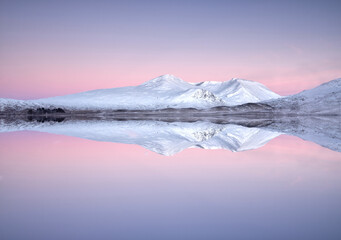 Rannoch Moor and Black Mount reflection covered in snow during winter