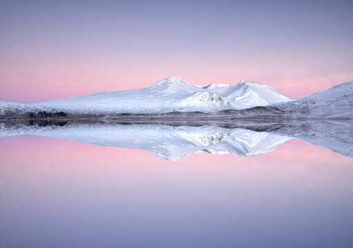 Rannoch Moor And Black Mount Reflection Covered In Snow During Winter