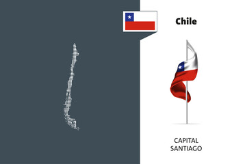 Flag of Chile on white background. Dotted map of Chile with Capital name - Santiago.