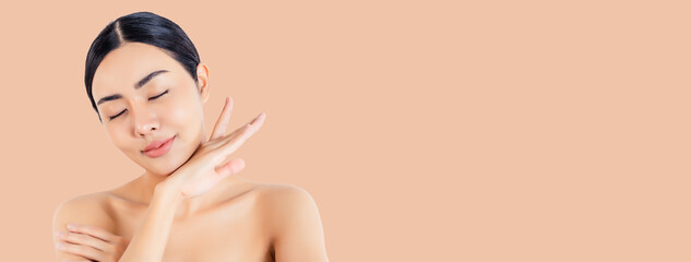 Beauty asian women touching under chin skin close up face beauty Healthy skin natural make up fresh...