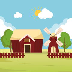 Obraz na płótnie Canvas Farm scene with red barn and windmill