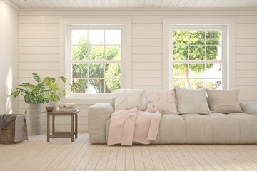 White living room with sofa and summer landscape in window. Scandinavian interior design. 3D illustration