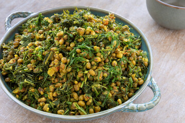 Dill leaves with moong bean. Shepu bhaji Indian cuisine dish.