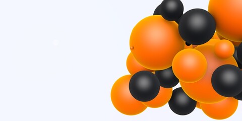 Background for Halloween. Orange and black balloons on a white background, close-up. Holiday background. 3D render
