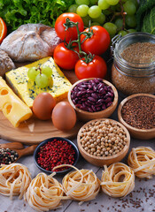 Composition with assorted organic food products on the table