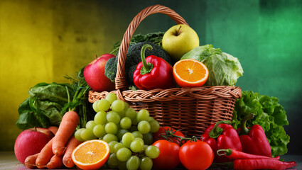 Fresh organic fruits and vegetables in wicker basket