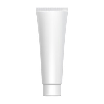 White glossy plastic tube for medicine or cosmetics - cream, gel, skin care, toothpaste. 3d Realistic packaging mockup template. Side view. Vector illustration.