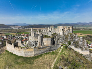 Aerial view of Beckov Castle in the village of Beckov in Slovakia