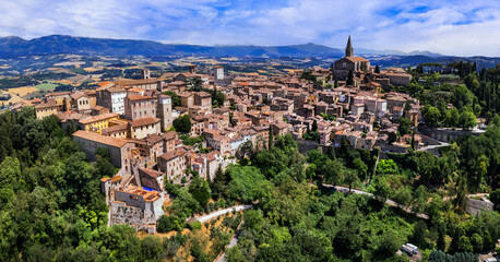 Traditional Italy- scenic medeival town Todi in Umbria with beautiful countryside. Panoramic aerial  view - obrazy, fototapety, plakaty