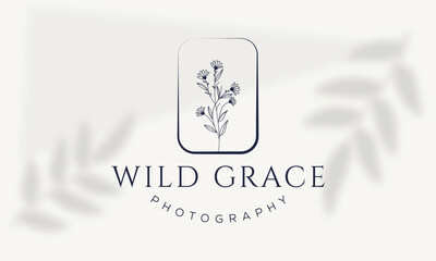 Botanical Floral element Hand Drawn Logo with Wild Flower and Leaves. Logo for spa and beauty salon, boutique, organic shop, wedding, floral designer, interior, photography, cosmetic.