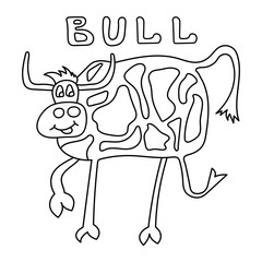 bull, black and white coloring book for kids, hand-drawn. For teaching and developing fine motor skills in children.