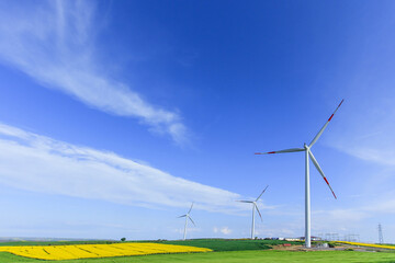 A green field, a tree and a wind turbine