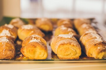 Ruddy homemade, sprinkled with powdered sugar