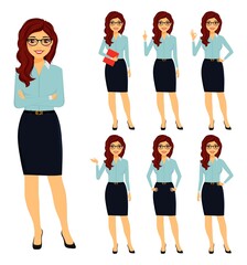 Set. Attractive young woman in office clothes stands in different poses. Different position of the hands. Flat style on a white background. Cartoon.

