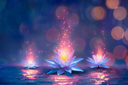 Magic Lotus Flower On Water - Miracle Concept - Waterlilies In Defocused Background