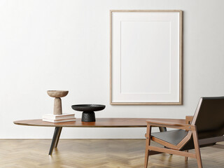 Modern living room design with white empty poster, mock up, 3d illustration.