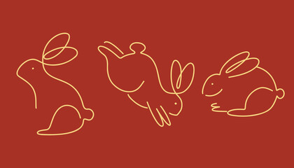 Chinese rabbit set. Golden traditional New Year zodiac animal, clouds and flowers, gold bunny silhouette on red background, 2023 Horoscope, decor elements. Asian lunar calendar, vector illustration