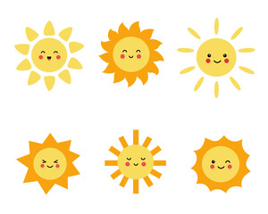 Set of cute suns in cartoon style.