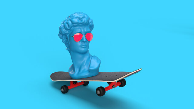 3d render bust of a man on a skate in glasses dynamic background bright color