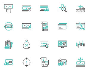 set of finance line icons, money, market, bank