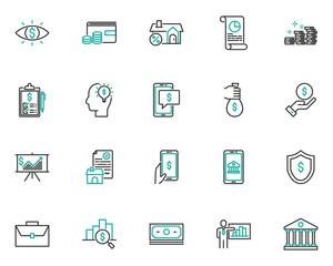 set of finance line icons, money, market, bank