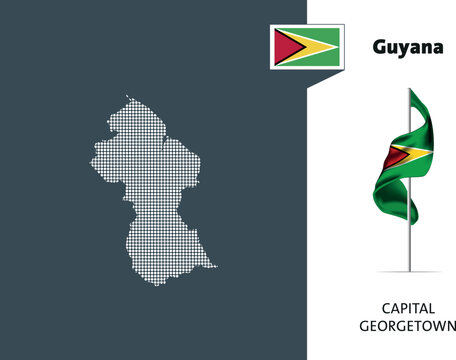 Flag of Guyana on white background. Dotted map of Guyana with Capital name - Georgetown.