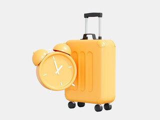 3D Time to travel concept. Yellow suitcase with alarm clock. Luggage on wheels. Tourism trip planning. Business time. Cartoon creative design illustration isolated on white background. 3D Rendering