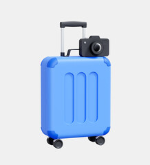 3D Blue suitcase with photo camera for travel. Packed baggage for vacation or holiday. Luggage bag for trip. Travel concept. Cartoon creative design icon isolated on white background. 3D Rendering