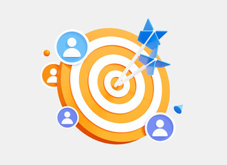 3D Target customer concept. Audience outreach. Campaign to attract attention. Marketing promo. Focus group. Goal of success. Cartoon creative design icon isolated on white background. 3D Rendering
