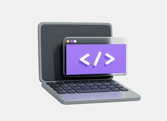 3D Computer laptop and program code development. Web coding concept. Website programming. Realistic elements. Cartoon creative design icon isolated on white background. 3D Rendering - obrazy, fototapety, plakaty