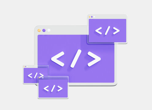 3D Web coding concept. Program code development. Website programming. Web ui page concept. Software engineering. Cartoon creative design icon isolated on white background. 3D Rendering