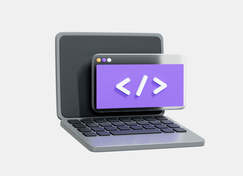 3D Computer laptop and program code development. Web coding concept. Website programming. Realistic elements. Cartoon creative design icon isolated on white background. 3D Rendering