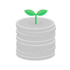 芽が生えているラフに積まれた10枚の銀色のコイン･硬貨 - お金が増える･貯蓄のイメージの素材
