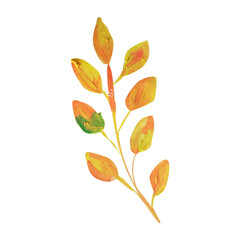 Branch with small leaves gouache watercolor autumn single isolated element.